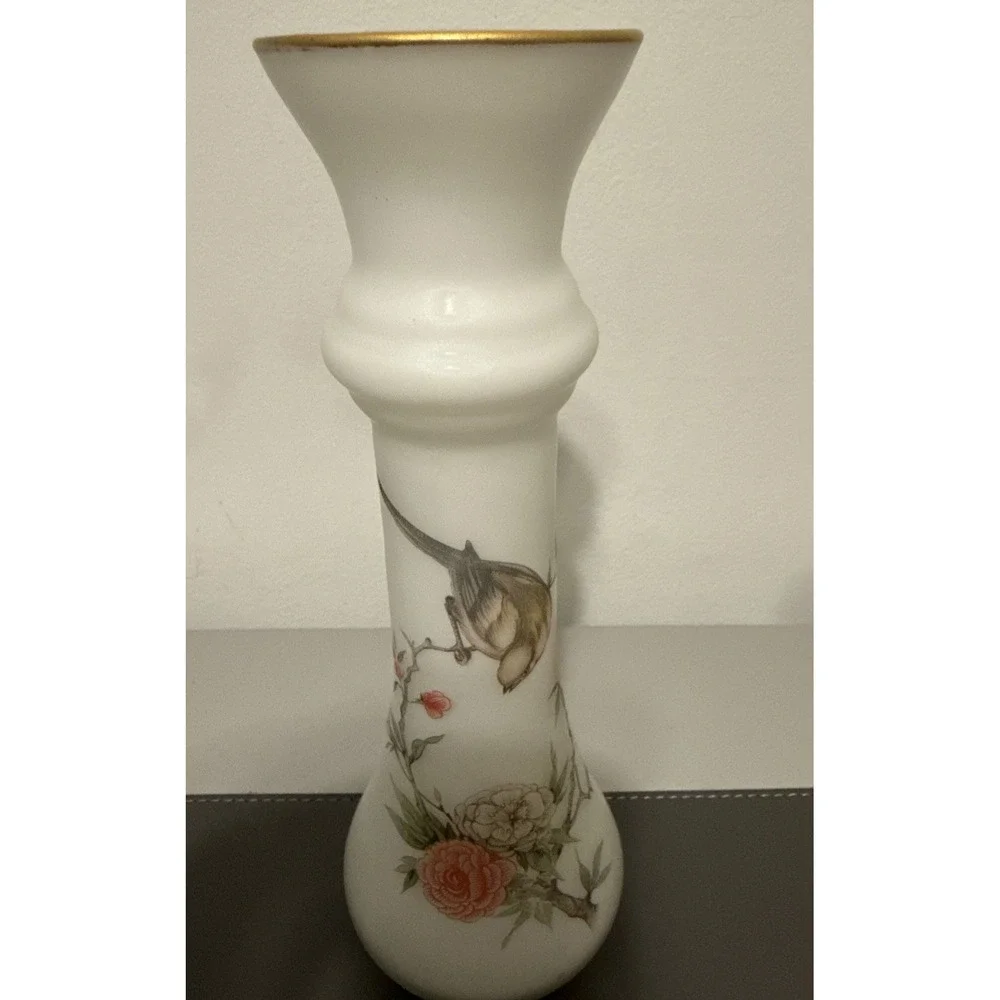 Vintage Norleans Italy White Satin Glass Vase Pink Flowers Birds 10 Inch